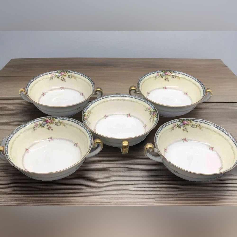 5 Vintage Meito ROSE GARDEN Floral Sprays Footed Cream Soup Bowls MEI193